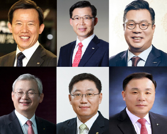 올해 말과 내년 초 임기 만료를 앞두고 있는 최현만 미래에셋대우 수석부회장(왼쪽 위부터 시계방향으로), 조웅기 미래에셋대우 부회장, 정일문 한국투자증권 사장, 김영규 IBK투자증권 사장, 나재철 대신증권 사장, 정영채 NH투자증권 사장. <출처=각 사>